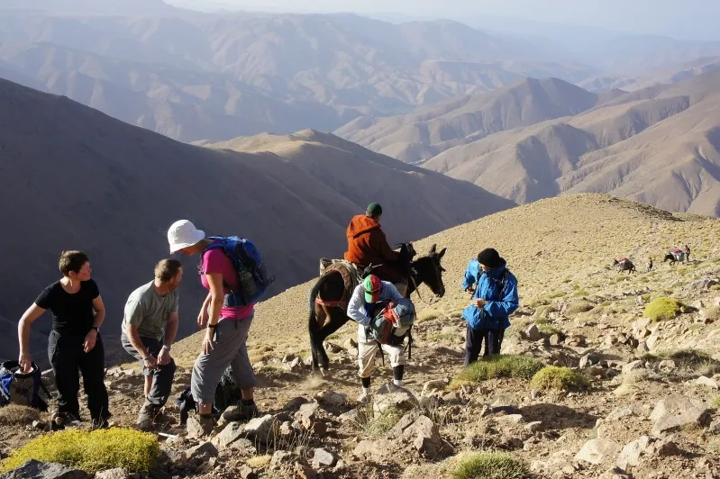 A group of hikers ascends a mountain in Morocco, accompanied by a horse, showcasing the beauty of the landscape.