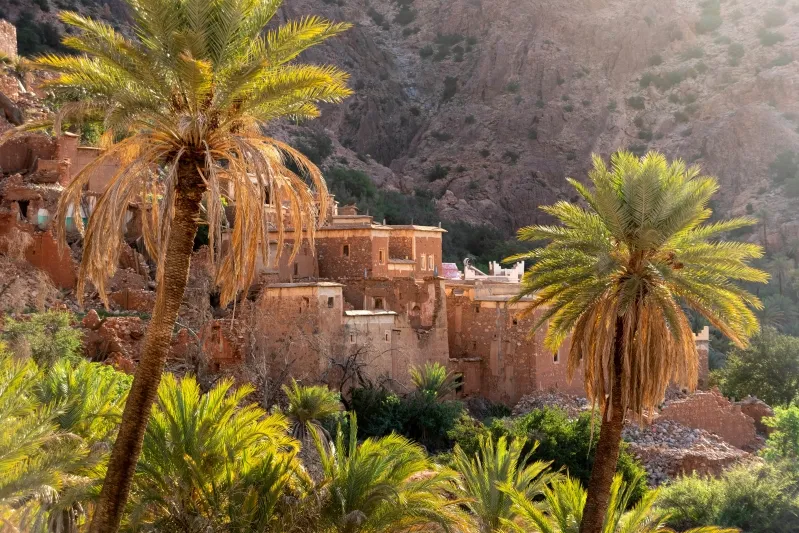 Scenic view of the village of Atlas nestled in the Atlas Mountains, showcasing Morocco's natural beauty and safety.