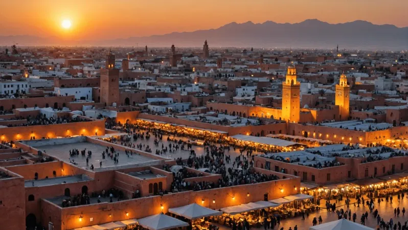 A vibrant sunset casts warm hues over the city of Marrakech, showcasing its beauty and charm for budget travelers in Morocco. 