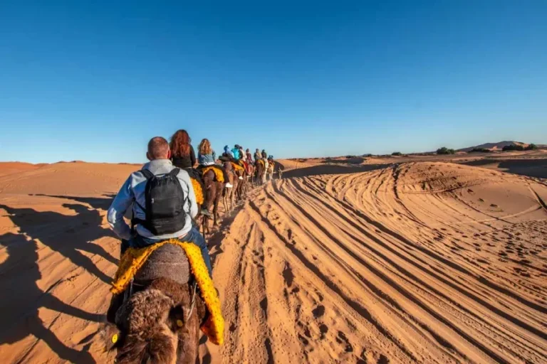 A group of people riding camels across the vast desert landscape, showcasing a traditional mode of transport in Morocco.