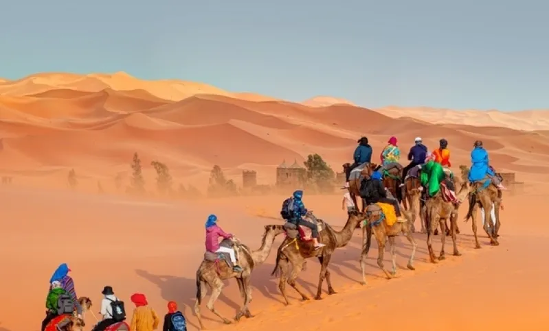 A group of individuals riding camels across a vast desert landscape, showcasing the adventure of exploring Morocco. 
