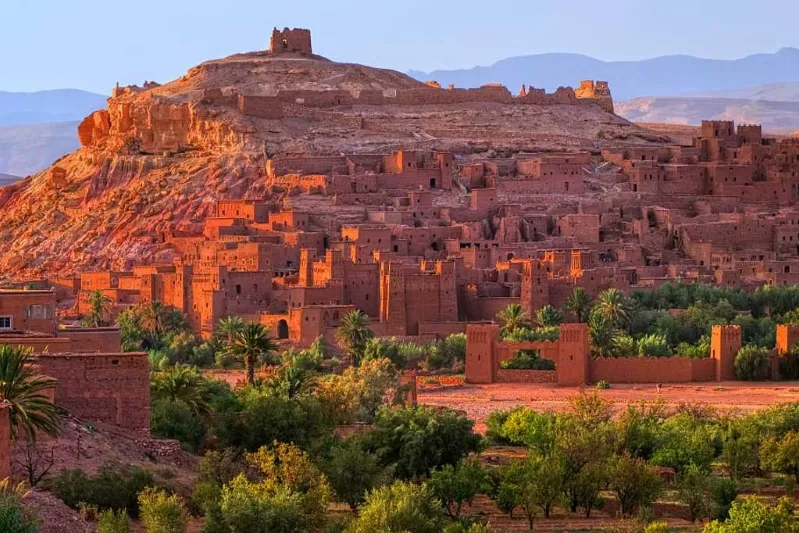 A vibrant view of the red city of Atad in Morocco, showcasing its unique architecture and rich cultural heritage.