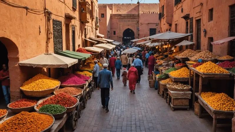  A vibrant view of Marrakech, Morocco, showcasing its rich culture and architecture under a clear blue sky. 