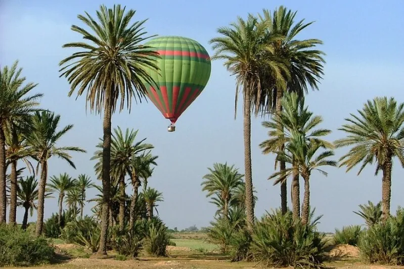 A colorful hot air balloon glides over palm trees, set against the backdrop of the morocco sahara desert travel.