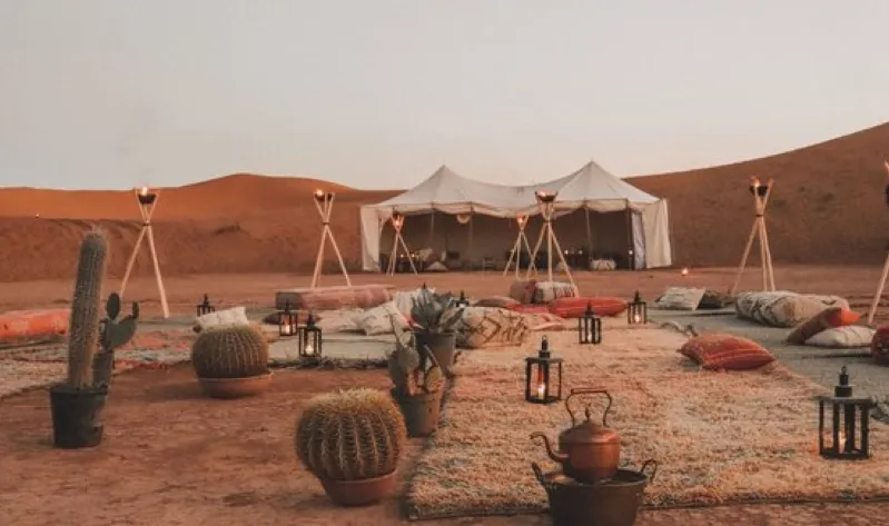  A cozy tent in a Moroccan desert camp, complemented by cacti and flickering candles, creating a warm atmosphere.