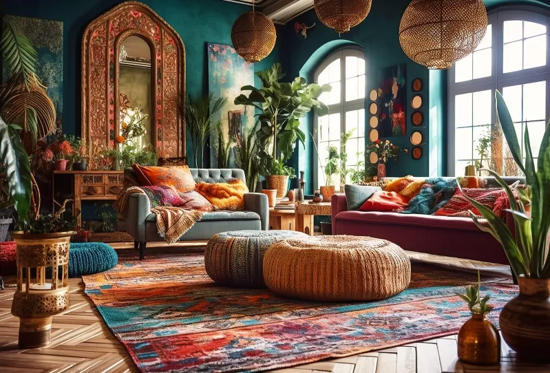 is morocco a good place to live;A vibrant living room adorned with a colorful rug and an abundance of lush green plants, creating a lively atmosphere. 