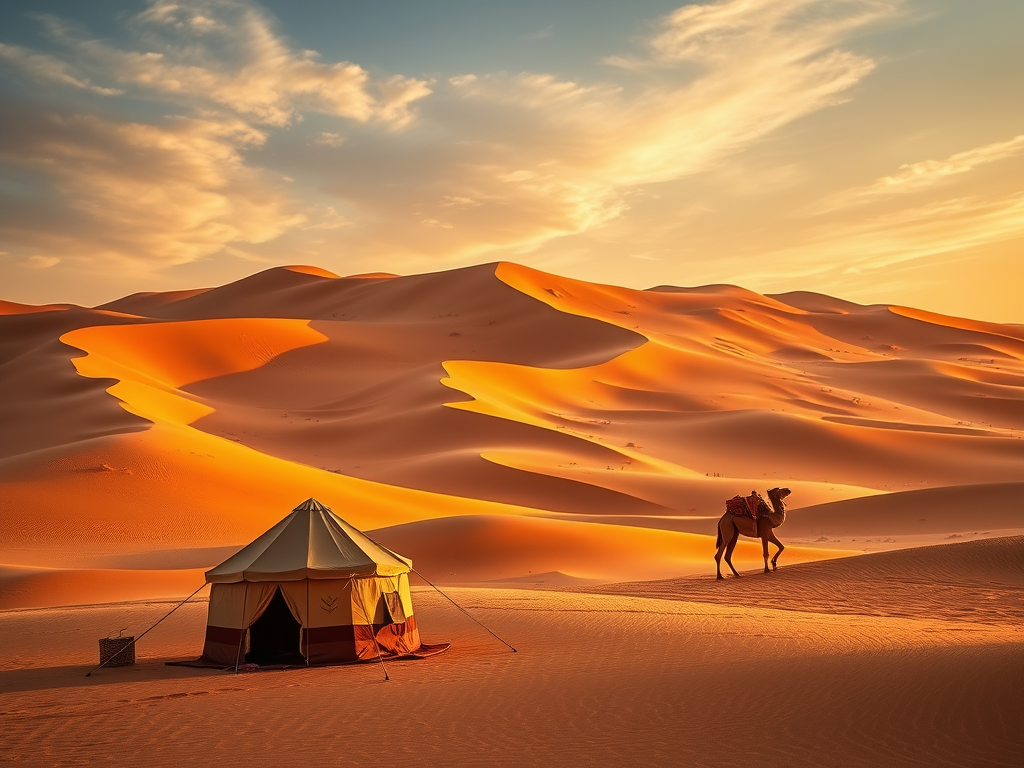 Sand dunes in Morocco Sahara Desert with golden waves of sand and clear sky horizon