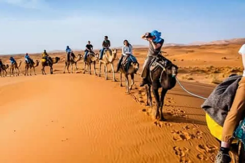 A group of individuals riding camels through the vast expanse of the morocco desert camp, showcasing a vibrant camp atmosphere.