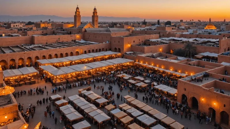 A stunning sunset over Marrakech, showcasing the city's vibrant architecture and rich cultural heritage during a city tour.