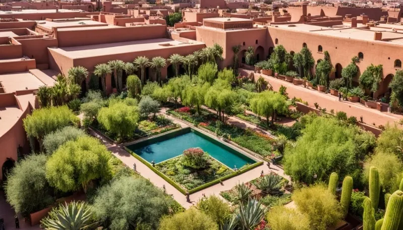 A serene hotel courtyard surrounded by lush trees, ideal for relaxation after Atlas Mountains trekking tours.