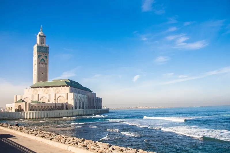 The impressive Hassan II Mosque in Casablanca, Morocco, a must-see landmark for those on Morocco tours.