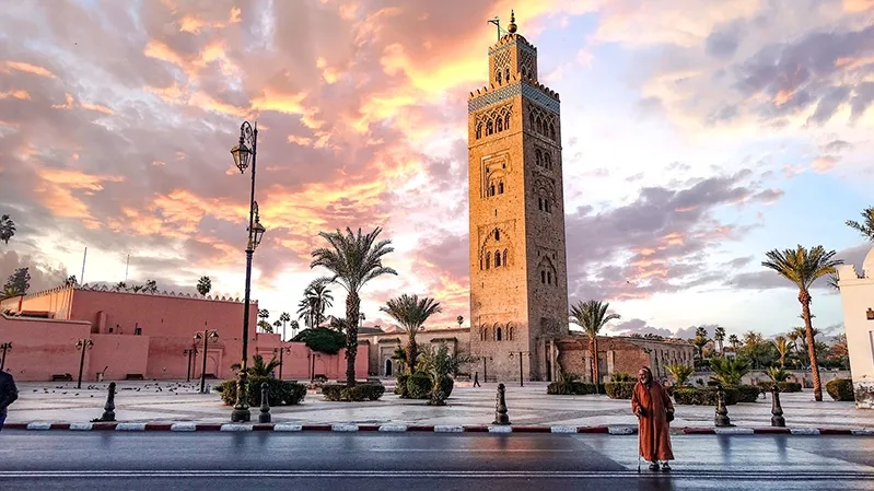 Clock tower of the mosque in Marrakech, Morocco, a notable landmark in one of the best cities to visit in the country.