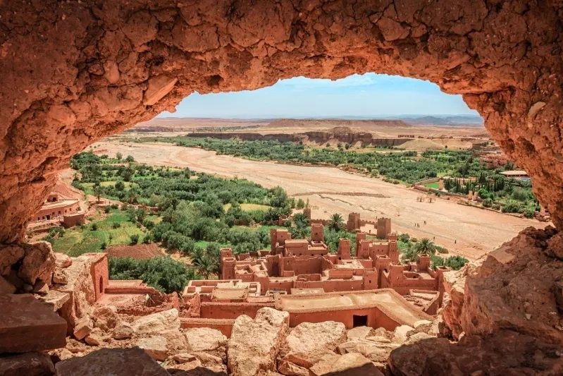 A panoramic view from the ancient city of Atdheti, showcasing the stunning landscape of Morocco during the trip to Ouarzazate.