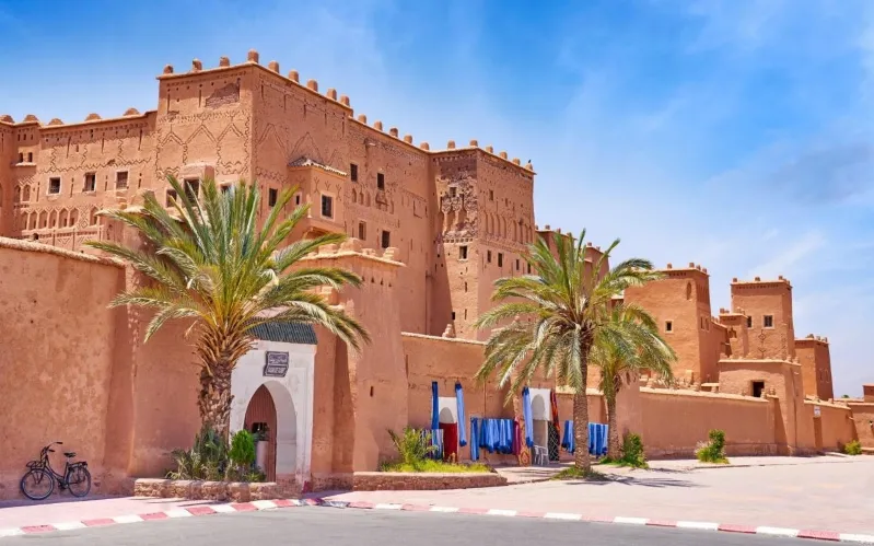 A stunning view of the beautiful city of Morocco, showcasing its vibrant architecture and desert landscape near Ouarzazate. 