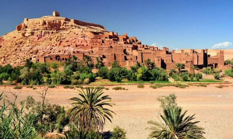 A desert landscape featuring palm trees and buildings, showcasing the journey from Marrakech to Ouarzazate.