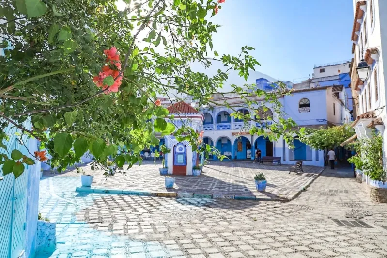 The courtyard of the blue house in Chefchaouen, Morocco, showcasing vibrant blue walls and traditional Moroccan architecture. 