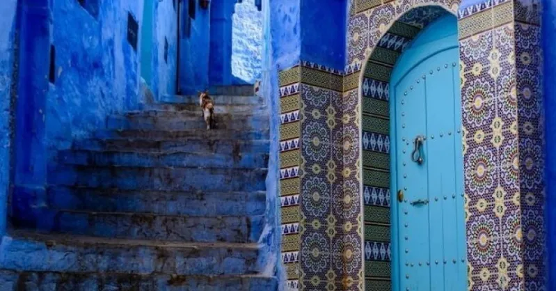 A picturesque street in Chefchaouen, Morocco, featuring vibrant blue walls, perfect for highlighting tour packags to morocco 