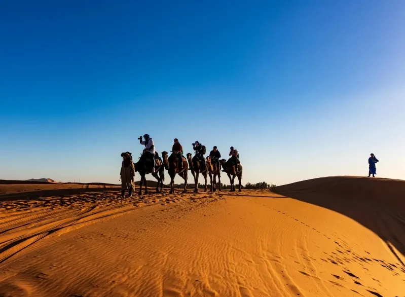  People riding camels across the vast Sahara Desert, showcasing a unique travel experience in Morocco.