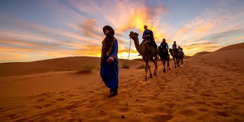 A scenic sunset in the Moroccan desert as a group of people rides camels, representing a tour operators in morocco.