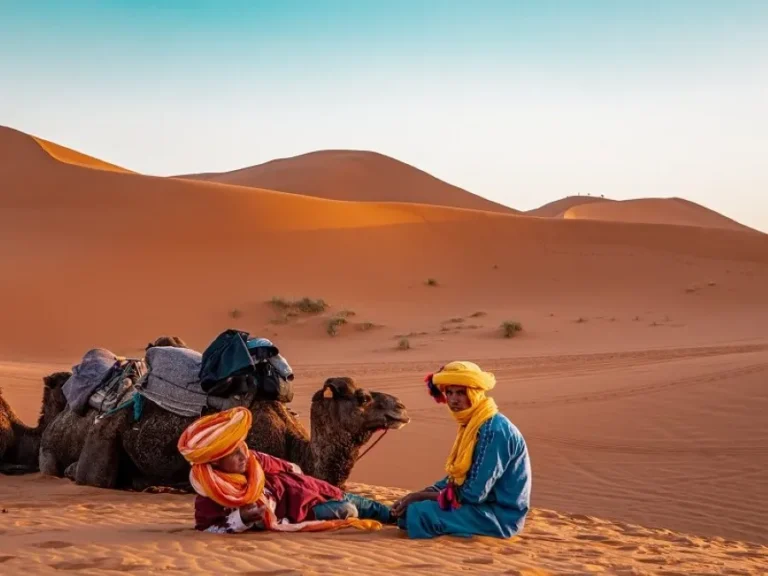 Two people in traditional Moroccan clothing sit on the sand beside camels, showcasing a cultural travel experience in Morocco.
